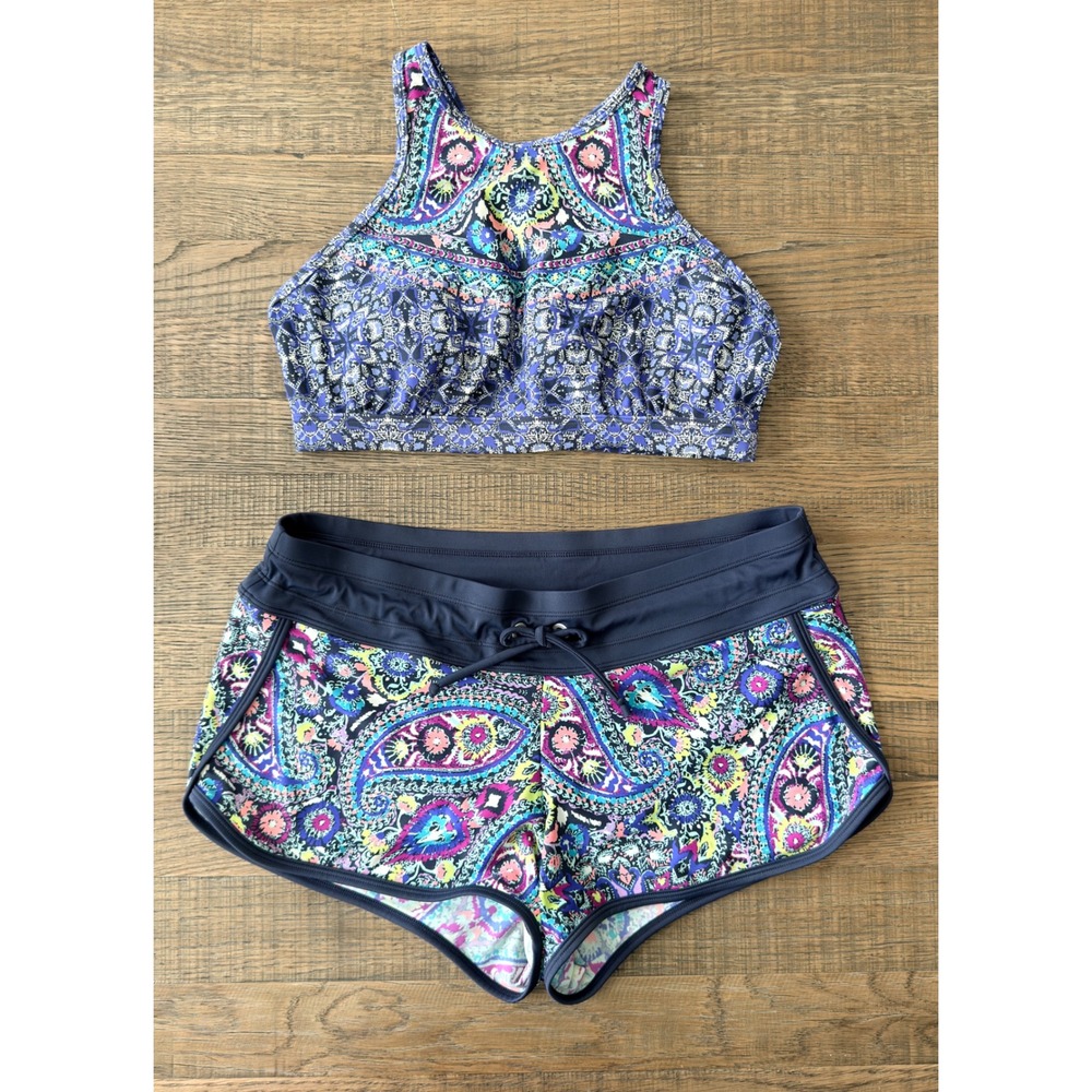 Athleta Blue Paisley Bikini Set High Neck Top 34 D/DD & Swim Shorts Medium